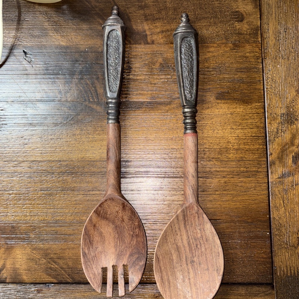 Vintage Hand Carved Wooden Spoon and Fork set With decorative metal Handles